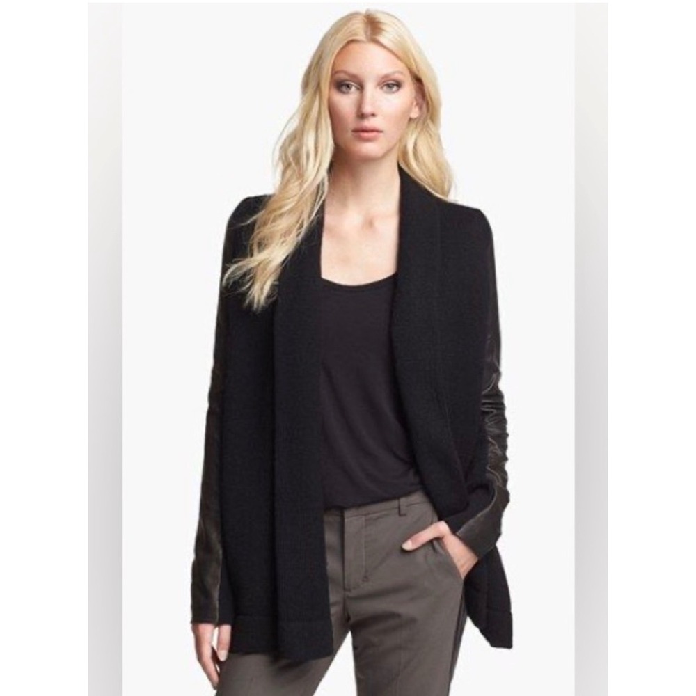 Vince Leather Sleeve Cardigan Black Wool Yak Sweater XS Open Front